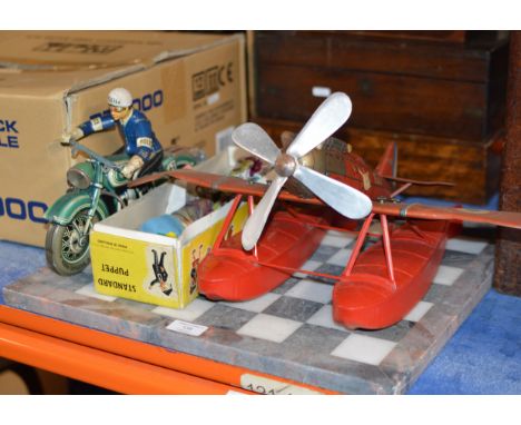 MARBLE CHESS BOARD, PELHAM PUPPET, VINTAGE TIN PLATE MOTORBIKE TOY &amp; VINTAGE TIN PLATE TOY PLANE