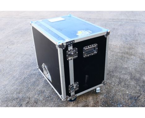 A medium sized professional flight case, raised on castors, approximately 75 cm x 74.5 cm x 52.5 cm. (Stock image used)
PLEAS