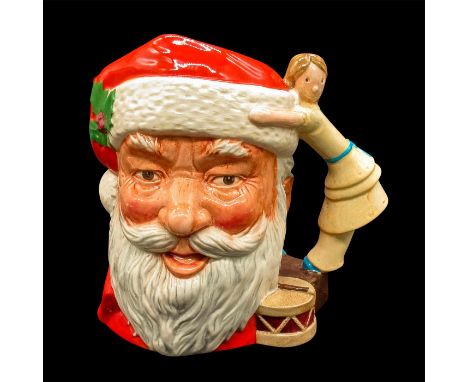 Red, white, and light brown coloration; handle resembles a child's doll and toy drum.Royal Doulton backstamp. Good condition.