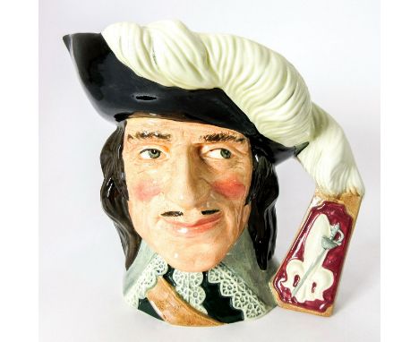 Extension of the feathers with a fleur-de-lis and sword at base handle. Black hat trimmed with whiter feathers; white lace co
