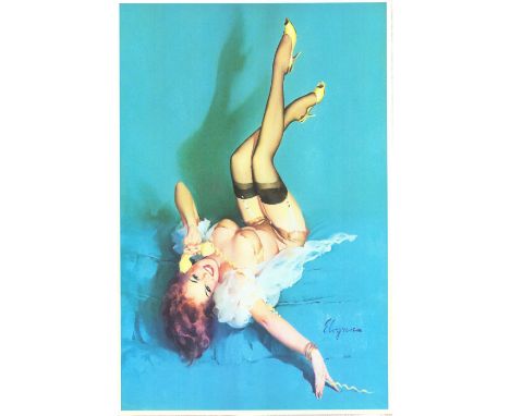 Vintage print of a pinup girl on the phone wearing thigh high stockings and sexy lingerie. Artist: Gil ElvgrenDimensions: 20"