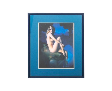 Featuring woman with red lipstick sitting on green patch of land with her left leg submerged into body of water. Background i