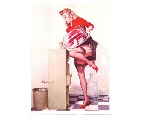 Vintage print of a pinup girl pouring water into the dispenser while revealing her stockings and garter. Artist: Gil ElvgrenD