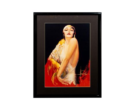 Vintage framed and matted print of a 1920"™s beautiful woman in a wearing a silky head scarf and dress. Artist: Rolf Armstron