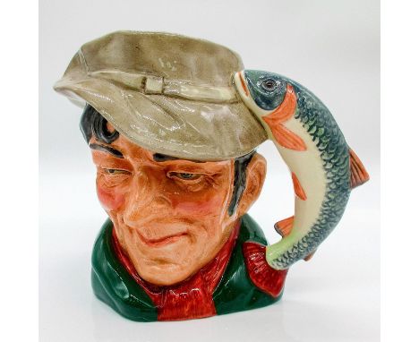 Glazed, hand painted ceramic. Variation One. The fisherman is in a green coat, red scarf, and light brown hat. The handle is 