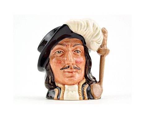 Royal Doulton Character Jug, Athos character jug D6509 (black hat; white feather; green tunic with gold trim). Designed by Ma