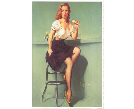 Vintage print of a pinup girl holding an empty ice cream cone with ice cream on her breast. Artist: Gil ElvgrenDimensions: 20
