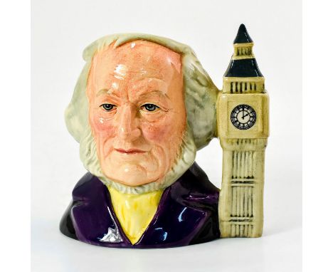 John Doulton 2 O'clock handle D6656 (black coat with purple collar; yellow cravat; Big Ben is dark brown). Designed by Eric G