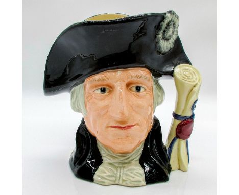Glazed, hand painted ceramic. Style One. Washington is in a black hat and coat with a beige shirt. The handle is the Declarat