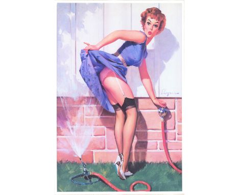 Vintage print of pinup girl lifting up her skirt while getting wet by sprinkler water. Artist: Gil ElvgrenDimensions: 21"L x 