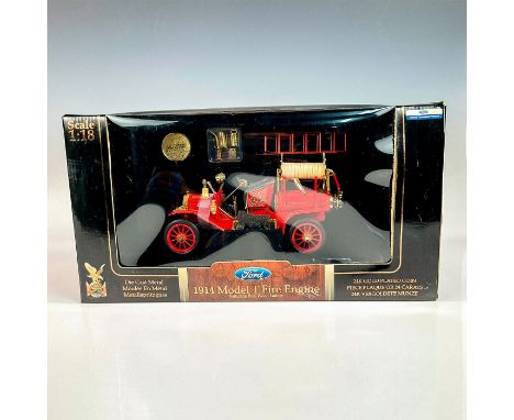 A factory sealed die cast metal replica of the model t fire truck made with real wood ladder, plastic parts, opening hood, ad
