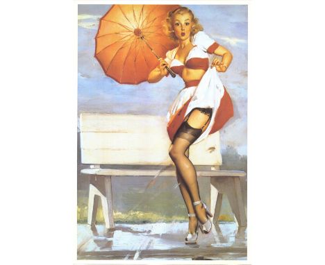 Vintage print of a pinup girl holding an umbrella and holding up her skirt revealing her thigh high stockings. Titled: I"™ve 