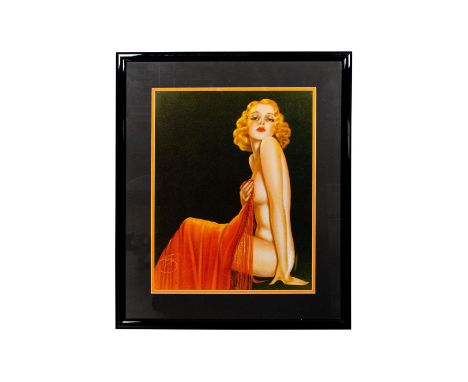 Vintage print of a 1920"™s nude, blonde woman draped in a red shawl. Framed and double matted behind glass. Artist: Rolf Arms