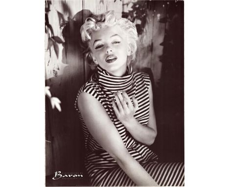 Black and white print of Marilyn Monroe in a stripped turtleneck dress and sultry look, holding a cigarette. Artist: Baron Wo