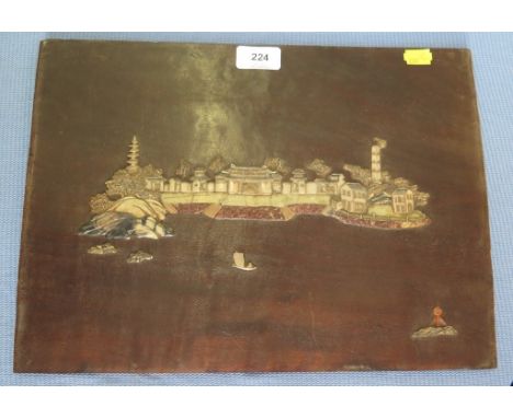 A Chinese pietra dura panel, depicting a walled port with pagodas, 27.5 x 38 cm