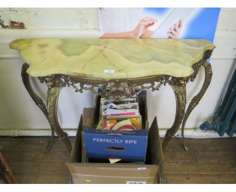 An Italian gilt metal and green marble console table, with pierced frieze, and mask head cabriole legs, 100 cm wide and an as