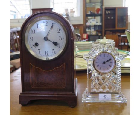 A Waterford Crystal quartz table clock, 17.5 cm high, and an Edwardian mahogany table clock, 28.5 cm high (2) 