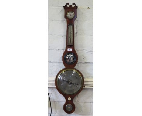 A George III mahogany and line inlaid banjo barometer, with hygrometer, thermometer, convex mirror, silvered dial and spirit 