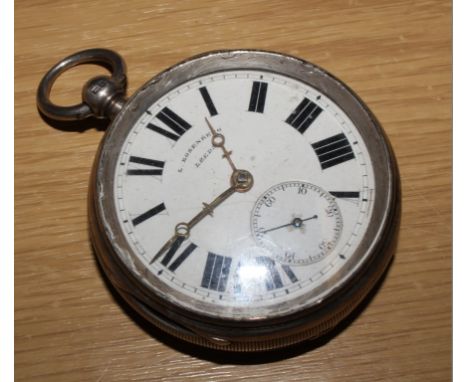 A gentleman's open faced silver key wind pocket watch, with white enamel dial and Roman numerals, London 1892 