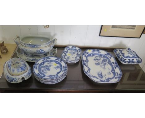 A Copeland Spode 'Landscape' pattern part dinner service, including meat plate, 44 cm wide, and a Stone china tureen, cover a