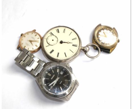 Three mens vintage wristwatches and a silver cased pocket watch, as found 