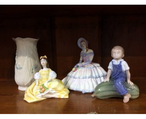 A Royal Doulton figure, Royal Worcester figure, Copenhagen figure and a Belleek vase