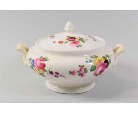 A NANTGARW PORCELAIN SUCRIER & COVER of non-moulded circular footed form with twin loop handles and pine-cone finial, painted