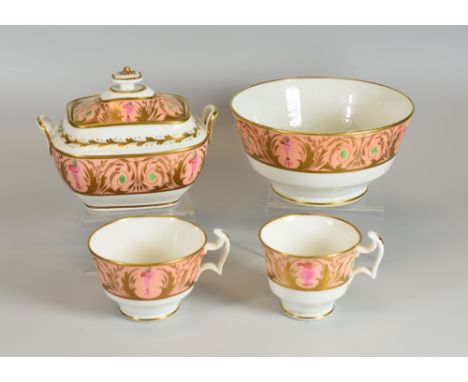 A SWANSEA PORCELAIN PART-TEA SET, circa 1814-186, comprising rounded rectangular sucrier with upturned handles, slop-bowl and