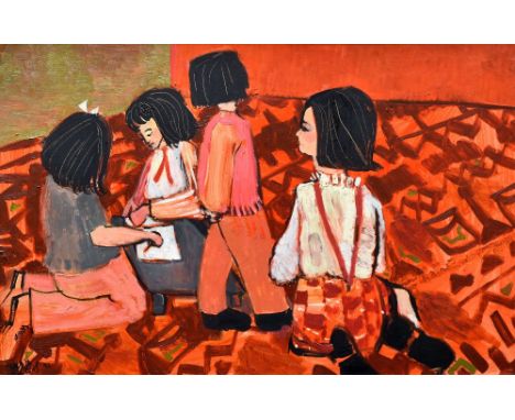 CLAUDIA WILLIAMS oil on board - four children playing together with red background entitled verso 'Children Playing', signed 
