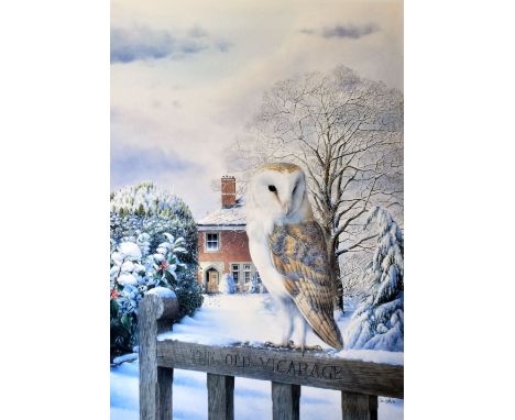 COLIN WOOLF coloured limited edition (50/100) print - study of a barn owl on the old vicarage gate after snow, signed in full