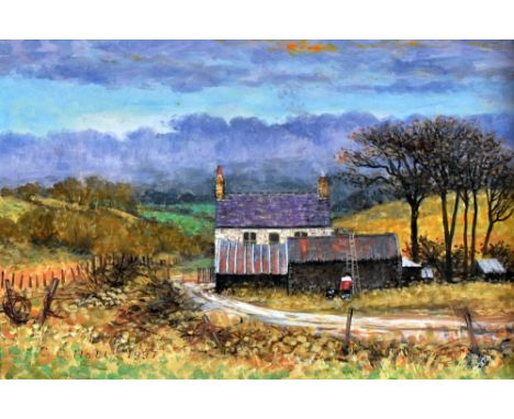CHRISTOPHER HALL oil on board - landscape with small farmstead and figure with ladder, entitled verso 'Glan Aeron', signed an