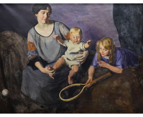 EVAN WALTERS oil on canvas - large family portrait of a mother, baby and child, the child with tennis racket and ball entitle