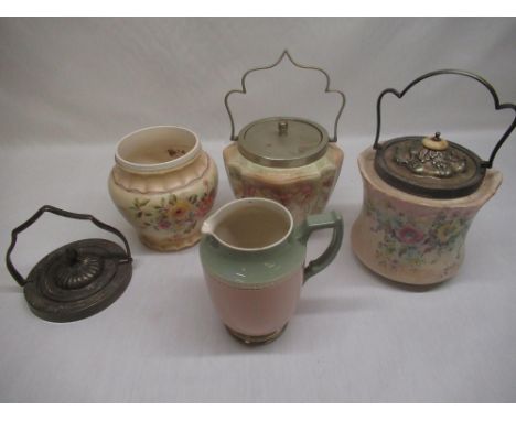 W &amp; R Carlton Ware Arvista pattern blush biscuit barrel with silver plated rim and lid Rd. No. 280077, H19cm, two other W