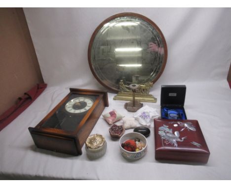 Circular mirror, quartz battery powered wall clock, brass art deco style candlestick, hat pins etc 