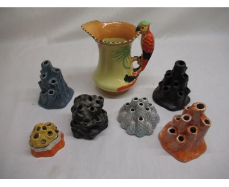 W &amp; R Carlton Ware orange lustre flower vase/spill holder, five other flower vases/spill holders, Burleigh Ware 1930's ju