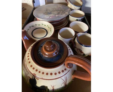 Watcombe Devon glazed pottery tea service, comprising of teapot, milk jug, tea cups, saucers and side plates and a collection