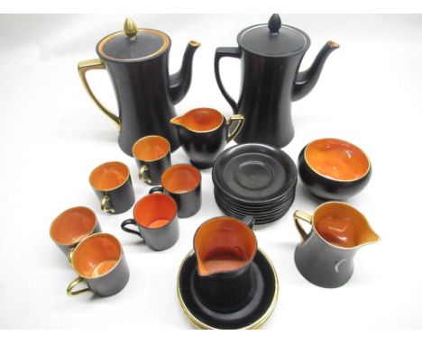 W &amp; R Carlton Ware matte black and orange lustre part coffee services 