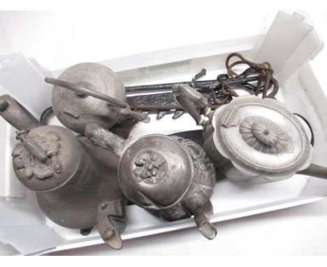 Two C20th steelyards, pair of shears, C19th pear shaped pewter teapot and other pewter ware 