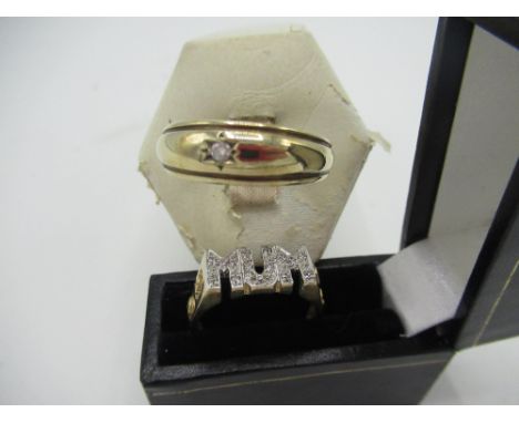 Hallmarked 9ct gold ring with diamonds mounted in a MUM shaped mount size R, 4.7g, another 9ct gold ring inset with a single 