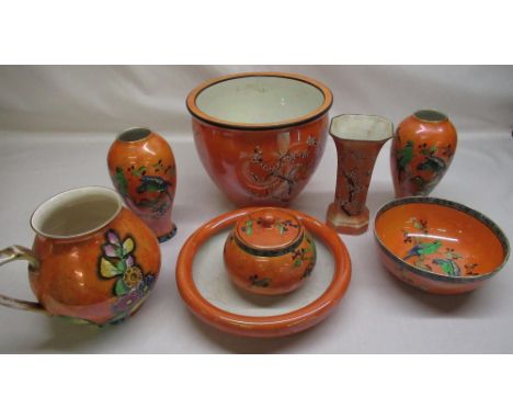 W &amp; R Carlton Ware orange lustre ware jardinière decorated with exotic birds and flowers, applied enamel decoration, H21.