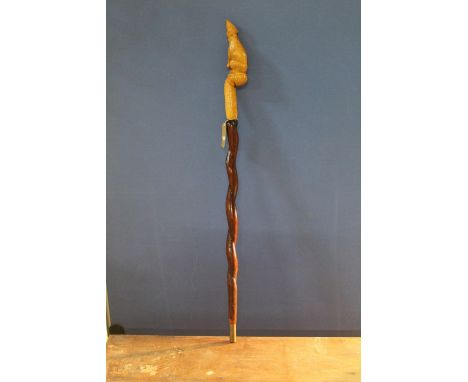 David Hames - a walking stick with twist carved shaft and rodent carved handle, signed on metal ferrule L107cm 