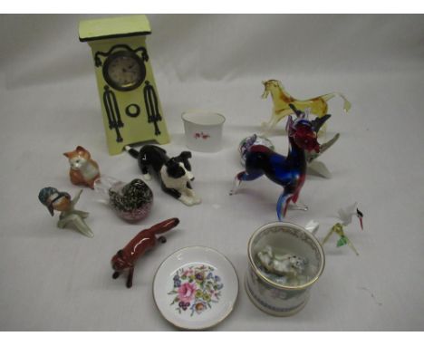 Selection of ceramics and glass ware to include continental art nouveau clock, three Beswick animal figurines, Murano and oth