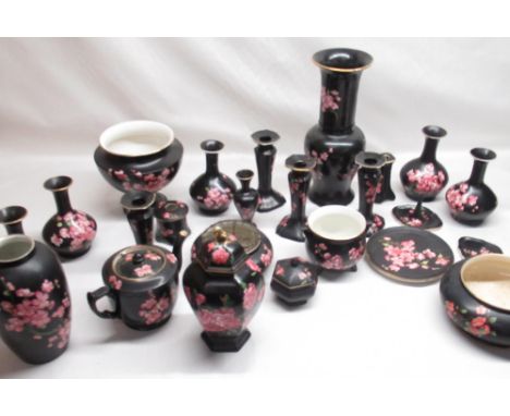 W &amp; R Carlton Ware pedestal jardinière, matte black ground decorated with pink apple blossom, Rd. No. 654181, H18cm, pair