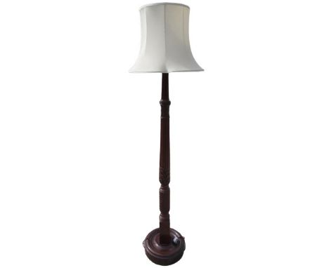 C19th and later mahogany standard lamp, wrythen lobed and acanthus carved column on turned circular base, H181cm to bulb hold