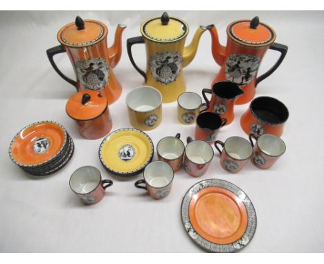 W &amp; R Carlton Ware three part yellow and orange lustre coffee services 