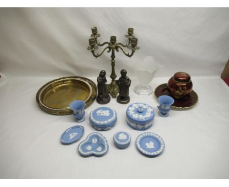 Eight pieces of Wedgwood blue Jasperware, five branch candlestick, Carltonware lidded pot and plate, two metal trays, two bro