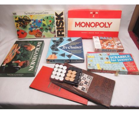 Monopoly, Risk, Backgammon, Tri-ominos, Bali, Scrabble for juniors, two Chess/Draughts boards, two sets of Draughts 