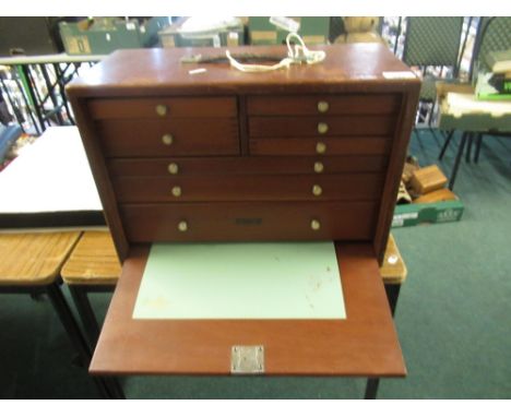 Union watchmaker/clockmakers travelling work box containing horological tools and parts including tweezers, clock spider, bra