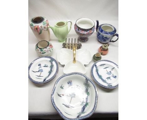 W &amp; R Carlton Ware seven piece fruit service decorated with storks and bamboo, Carlton Ware silver lustre toast rack and 