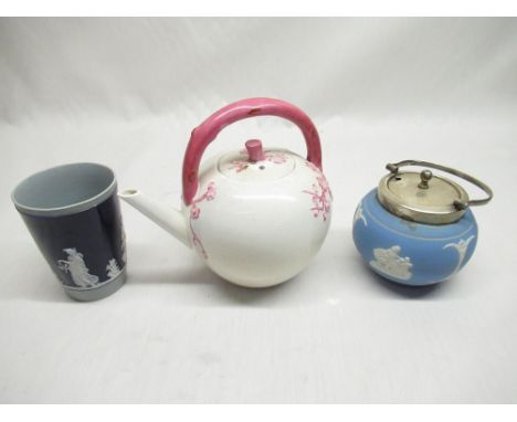 Early C19th Minton bullet shaped teapot, with naturalistic handle, raised cherry blossom decoration impressed marks to the ba